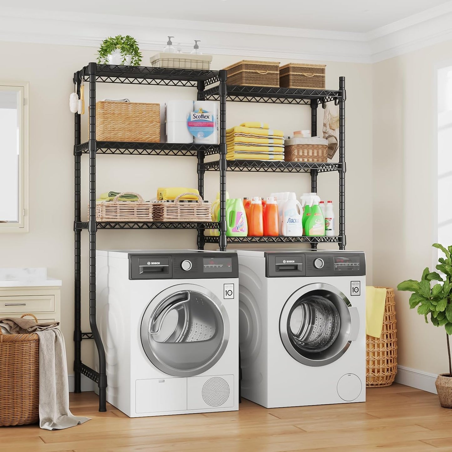 ULIFHOME U15 Over Washer and Dryer Storage Shelves, Laundry Above Washer Dryer Storage Rack Space Saver, 6-Tier Wire Shelf with 4 Hooks for Organization, 63.4"W x 17.3"D x 76.4"H, Holds 568lbs, White