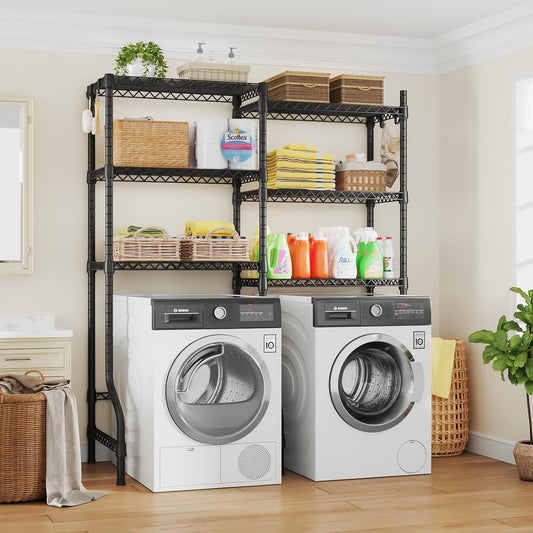 ULIFHOME U15 Over Washer and Dryer Storage Shelves, Laundry Above Washer Dryer Storage Rack Space Saver, 6-Tier Wire Shelf with 4 Hooks for Organization, 63.4"W x 17.3"D x 76.4"H, Holds 568lbs, White