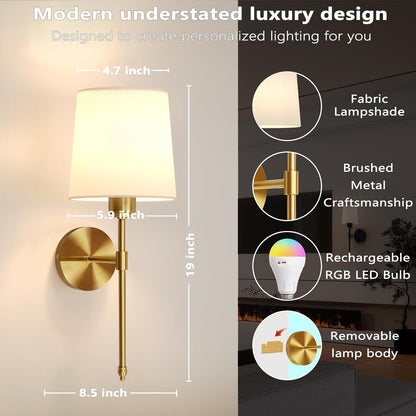 Ouyulong Battery Operated Wall Sconces Set of 2, Wireless Rechargeable Dimmable Wall Light with RGB Bulb and Remote for Bedroom, Living Room, Hallway (Gold)