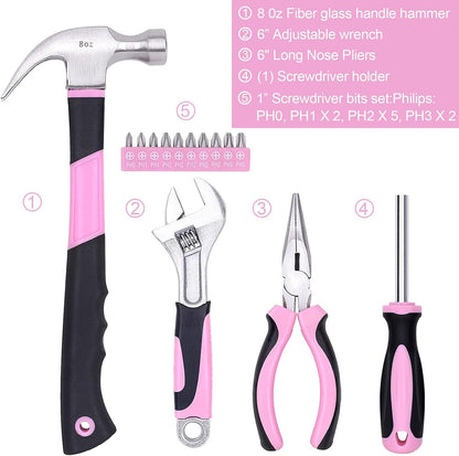 FASTPRO 15-Piece Pink Tool Kit, Household Tools Set for Women, Hand Tools for Home Maintenance & Repairing, Includes Tool Bag