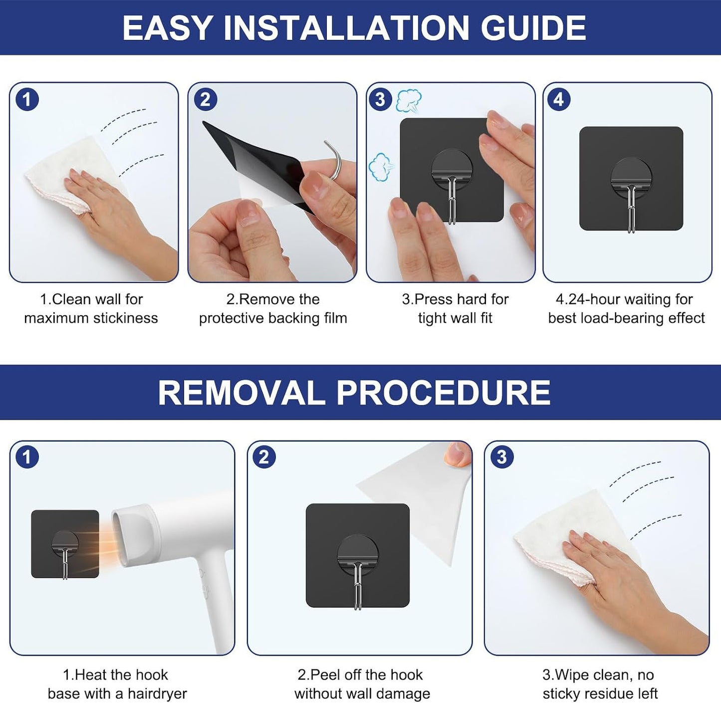 JINSHUNFA Adhesive Wall Hooks 13LB Heavy Duty No Drill Transparent Waterproof Hooks for Bathroom Kitchen Towel Coat 12 Pack