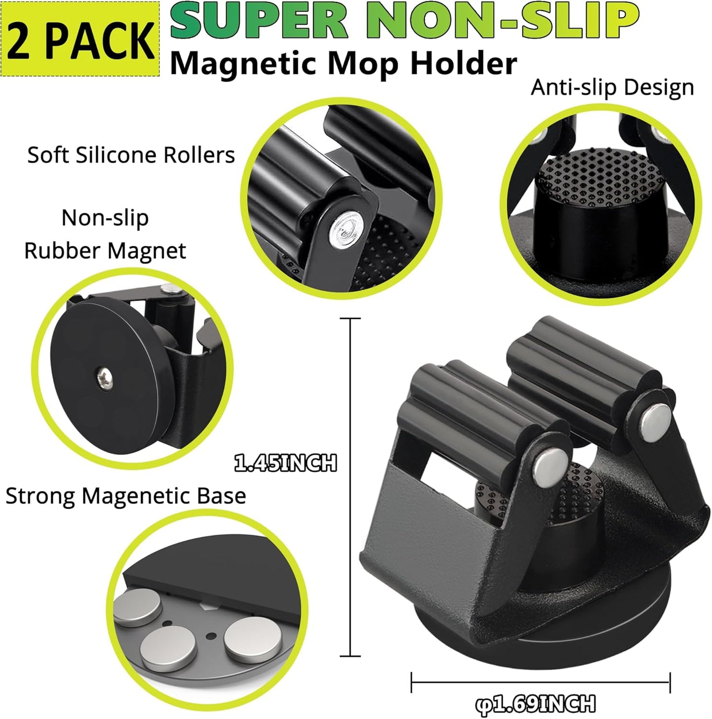 ULIBERMAGNET Magnetic Mop Broom Holder,Heavy Duty Movable Magnetic Broom Holder Rack,Anti-slip Wall Mounted Utility Storage Mop Shovel Hanger for Garage, Kitchen, Laundry, Garden(3 Racks / 4 Hooks)