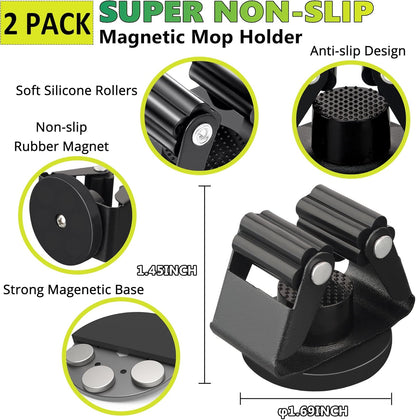ULIBERMAGNET Magnetic Mop Broom Holder,Heavy Duty Movable Magnetic Broom Holder Rack,Anti-slip Wall Mounted Utility Storage Mop Shovel Hanger for Garage, Kitchen, Laundry, Garden(3 Racks / 4 Hooks)