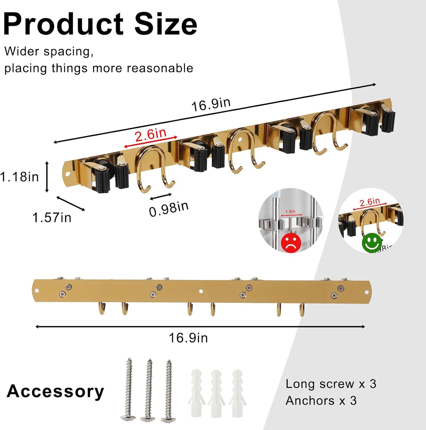 Broom Holder Wall Mount, Stainless Steel Mop Hanger with 4 Slots 6 Hooks, Tool Storage Wall Organizer for Kitchen Garden Garage Laundry Room Bathroom and RV, Black 1-Pack