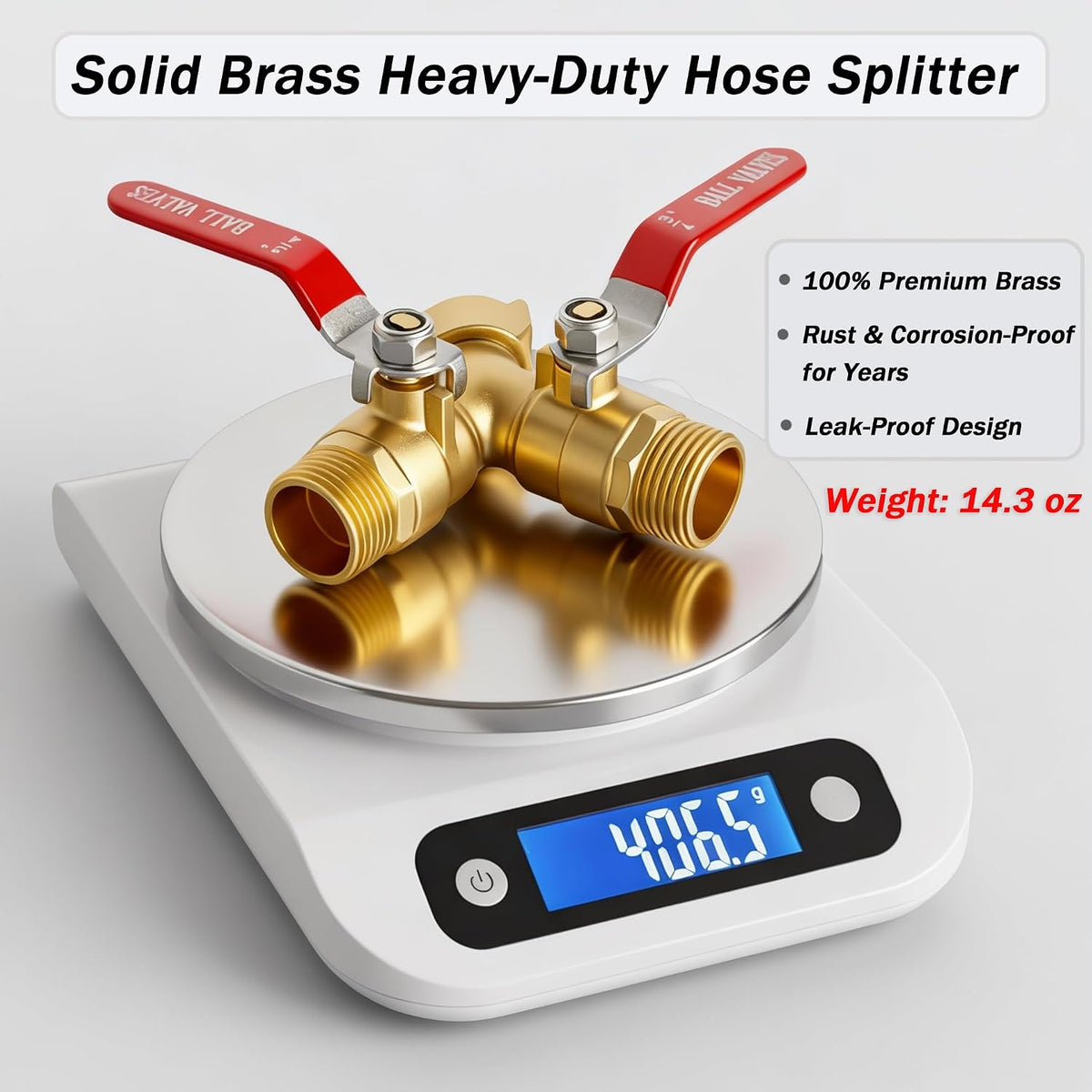 Garden Hose Splitter 2 Way Heavy Duty Brass, Full Flow Hose Bib Y Valve, 3/4" GHT Outdoor Faucet Splitter with Easy-Turn Long Handles and Washers