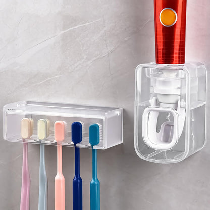 5 Slots Wall Mount Toothbrush Holder with Cover, Self Adhesive Toothbrush Storage Organizer for Shower, Toothbrush Hanger with Automatic Toothpaste Squeezer Dispenser