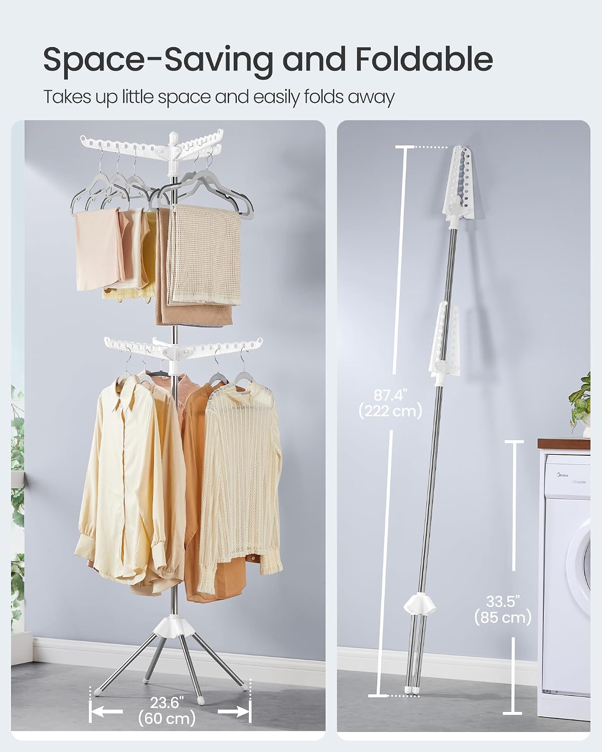 SONGMICS 2-Tier Clothes Drying Rack, 72-Inch Folding Laundry Drying Rack with 3 Rotatable Arms for Hangers, 24 Clips, Stainless Steel, for 27 Pieces of Clothes, Blue and Silver ULLR512Q01