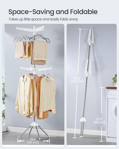 SONGMICS 2-Tier Clothes Drying Rack, 72-Inch Folding Laundry Drying Rack with 3 Rotatable Arms for Hangers, 24 Clips, Stainless Steel, for 27 Pieces of Clothes, Blue and Silver ULLR512Q01