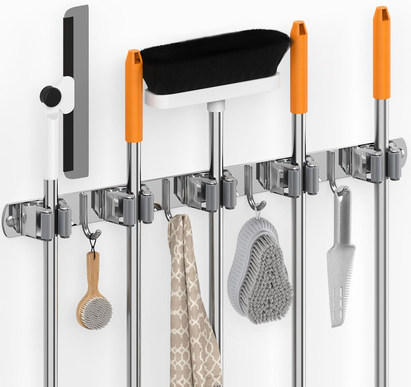 4 Pack Stainless Steel Mop and Broom Gripper with Hook, Screw Drilling or Self Adhesive Mop and Broom Holder Wall Mount, Storage Rack for Closet Laundry Garage Garden Tool Organizer, Silver