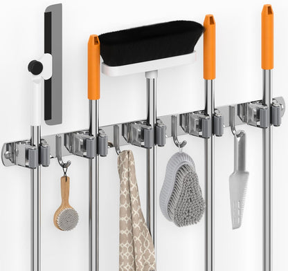 4 Pack Stainless Steel Mop and Broom Gripper with Hook, Screw Drilling or Self Adhesive Mop and Broom Holder Wall Mount, Storage Rack for Closet Laundry Garage Garden Tool Organizer, Silver