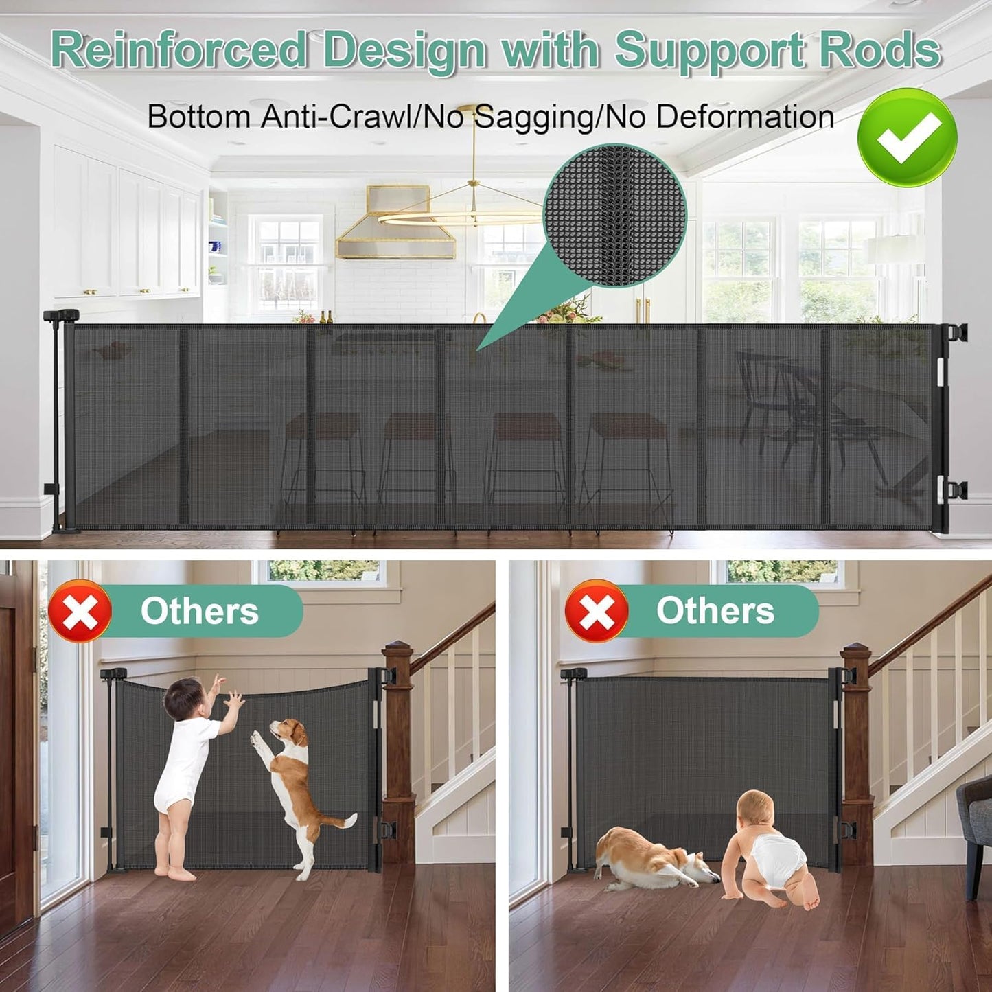 Reinforced 60" Wide Retractable Baby Gates with Upgraded Rods - Bottom Anti-Escape, 5 ft Mesh Baby Gate Retractable Dog Gate Indoor Pet Gate Retractable Stair Gate Outdoor Retractable Gate, Black