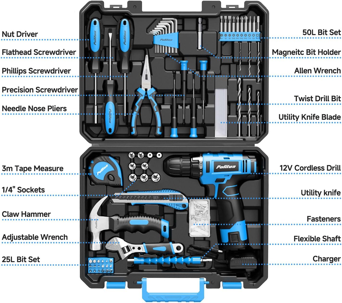 PULITUO Drill Set, 149-Piece Home Tool Set with 12V Pink Cordless Drill, Tool Box, Hand Tool Kits for Women & Men and DIY Enthusiasts, for Home Improvement