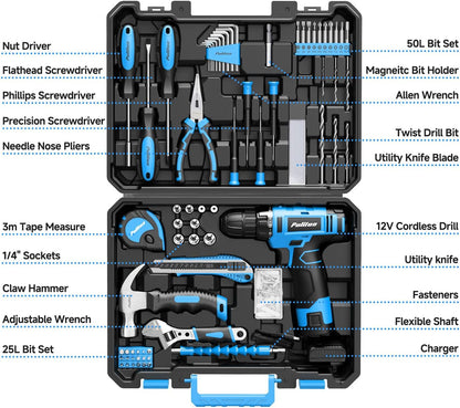 PULITUO Drill Set, 149-Piece Home Tool Set with 12V Pink Cordless Drill, Tool Box, Hand Tool Kits for Women & Men and DIY Enthusiasts, for Home Improvement