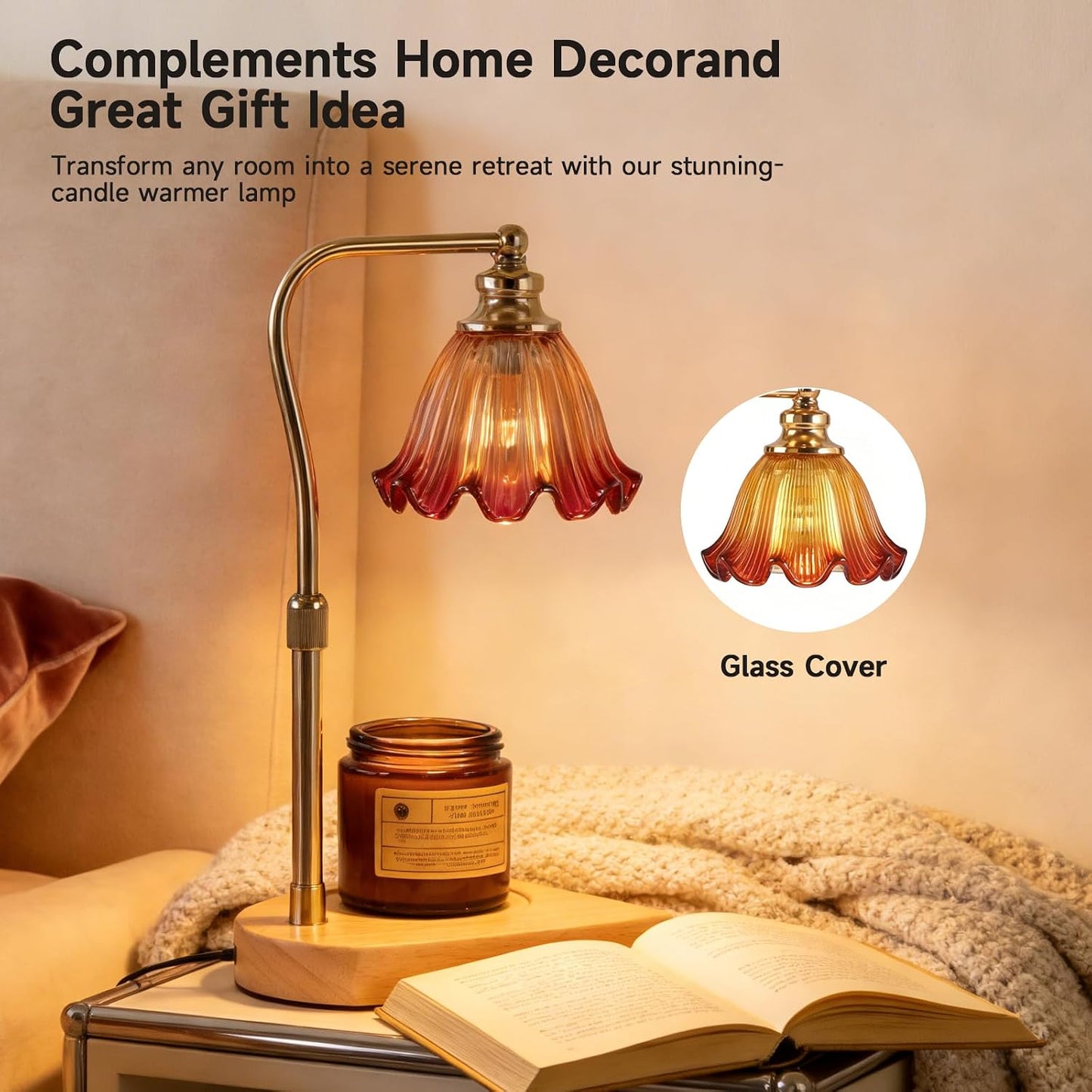 Candle Warmer Lamp with Timer, Dimmer, Vintage Glass Shade | Adjustable height, 2/4/8-hour timer, wood base, 2 bulbs included