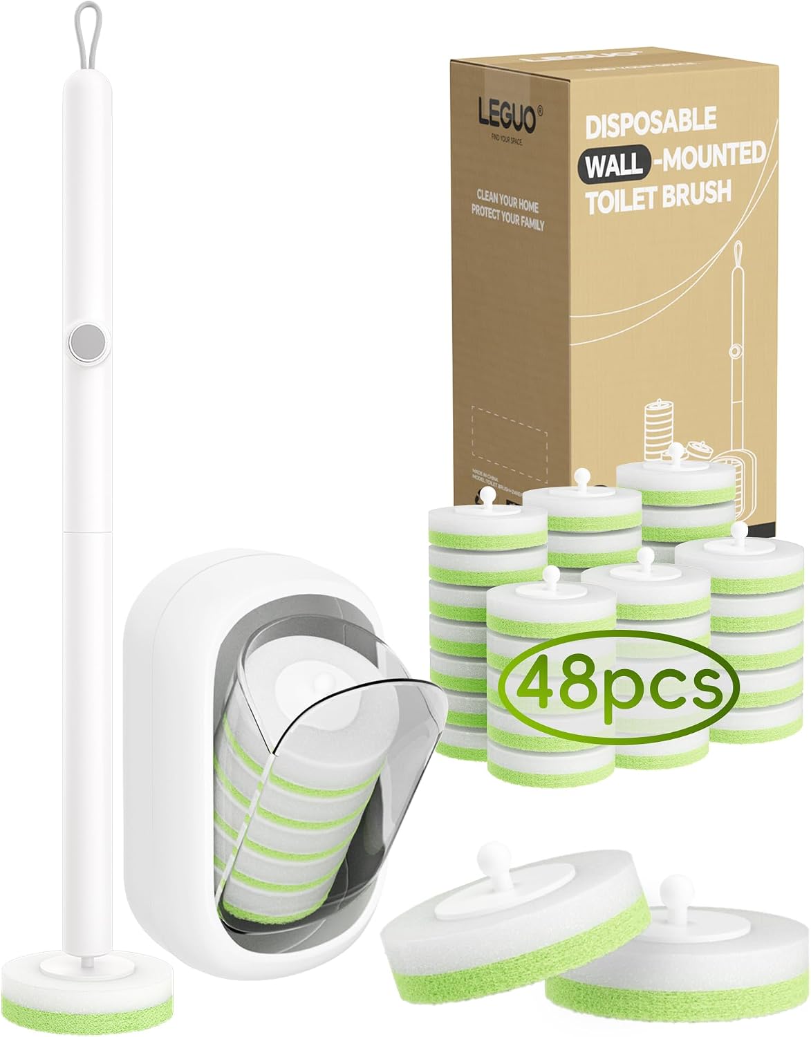Wall Mounted Disposable Toilet Brush System with Holder, Toilet Bowl Cleaning Wand with Green Refills and One-Button Release, 2 Wands and Holders with 60 Green Refills