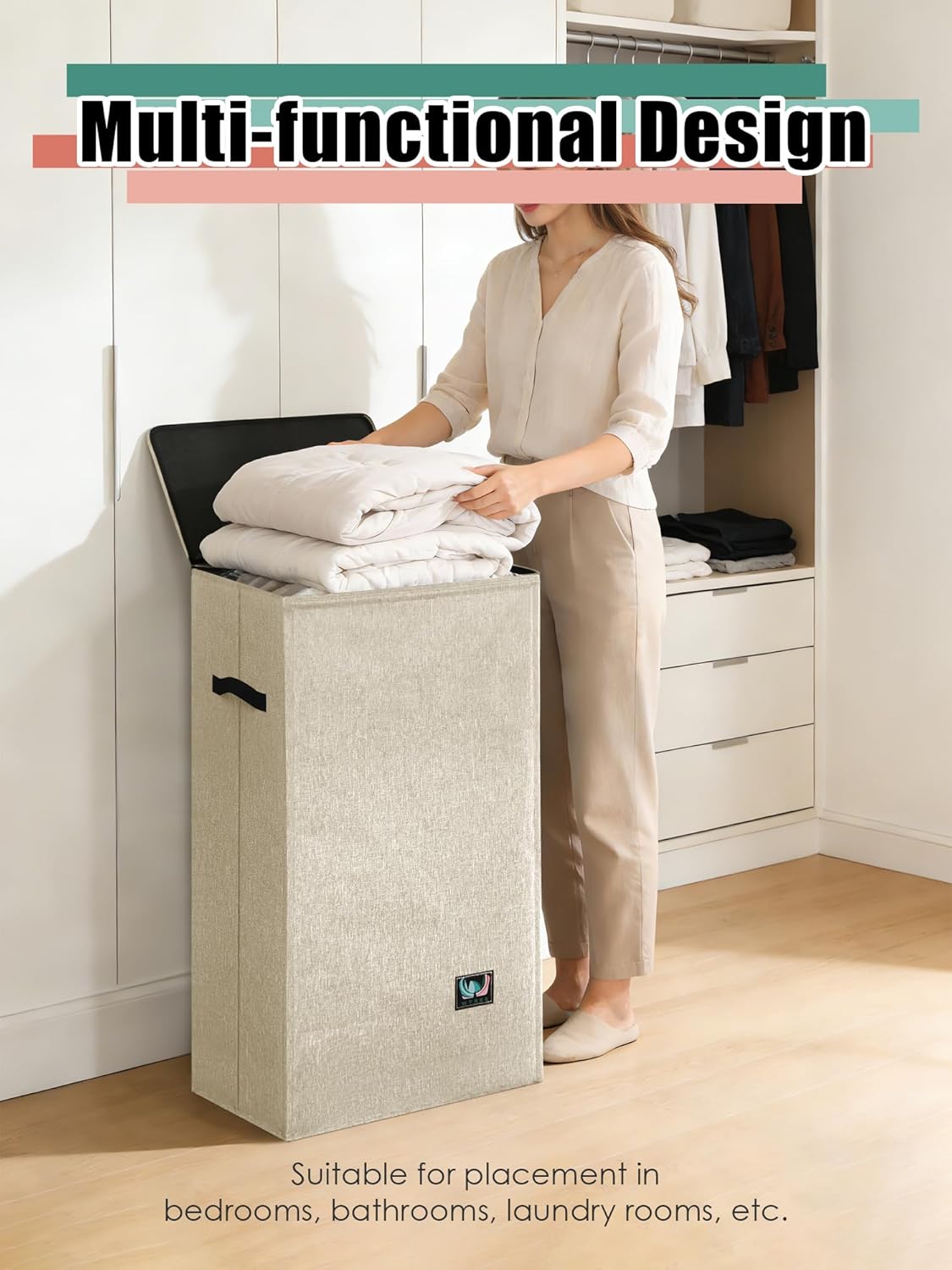 WTREE Laundry Hamper with Lid, Reinforced Sturdy Clothes Hamper with Anti-Puncture Base, Large Collapsible Laundry Basket with Removable Liner Bag, Tall Dirty Clothes Bin for Family, 100L Grey