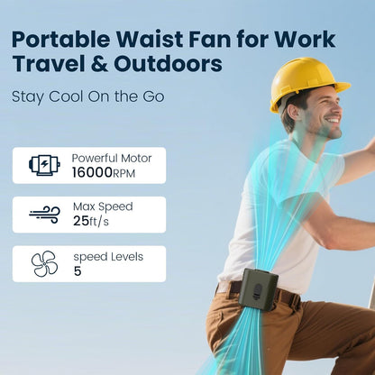 Waist Fan - 3-Speed Clip-On Fan, 16000RPM, 10000mAh Rechargeable Battery, LED SOS Light - Portable Cooling for Outdoor & Work