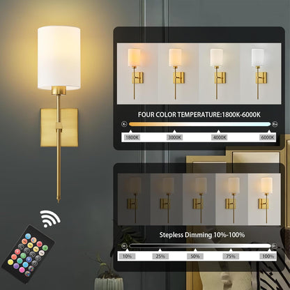 Battery Operated Wall Sconces Set of Two,Wireless Rechargeable Wall Light With Remote Control, Dimmable, Amber Light/Warm White/Natural White/Daylight/RGB, Timer,for Living Room,Bedroom,Entryway,Gold