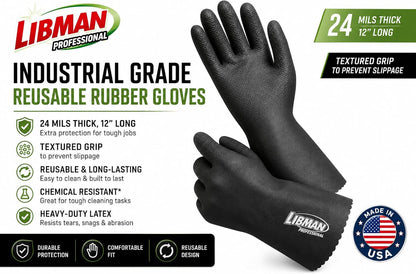 Tribello LIBMAN Heavy Duty Black Rubber Gloves - Chemical Resistant Glove - Reusable Mechanics Grip Gloves - Industrial, Cleaning, Dishwashing