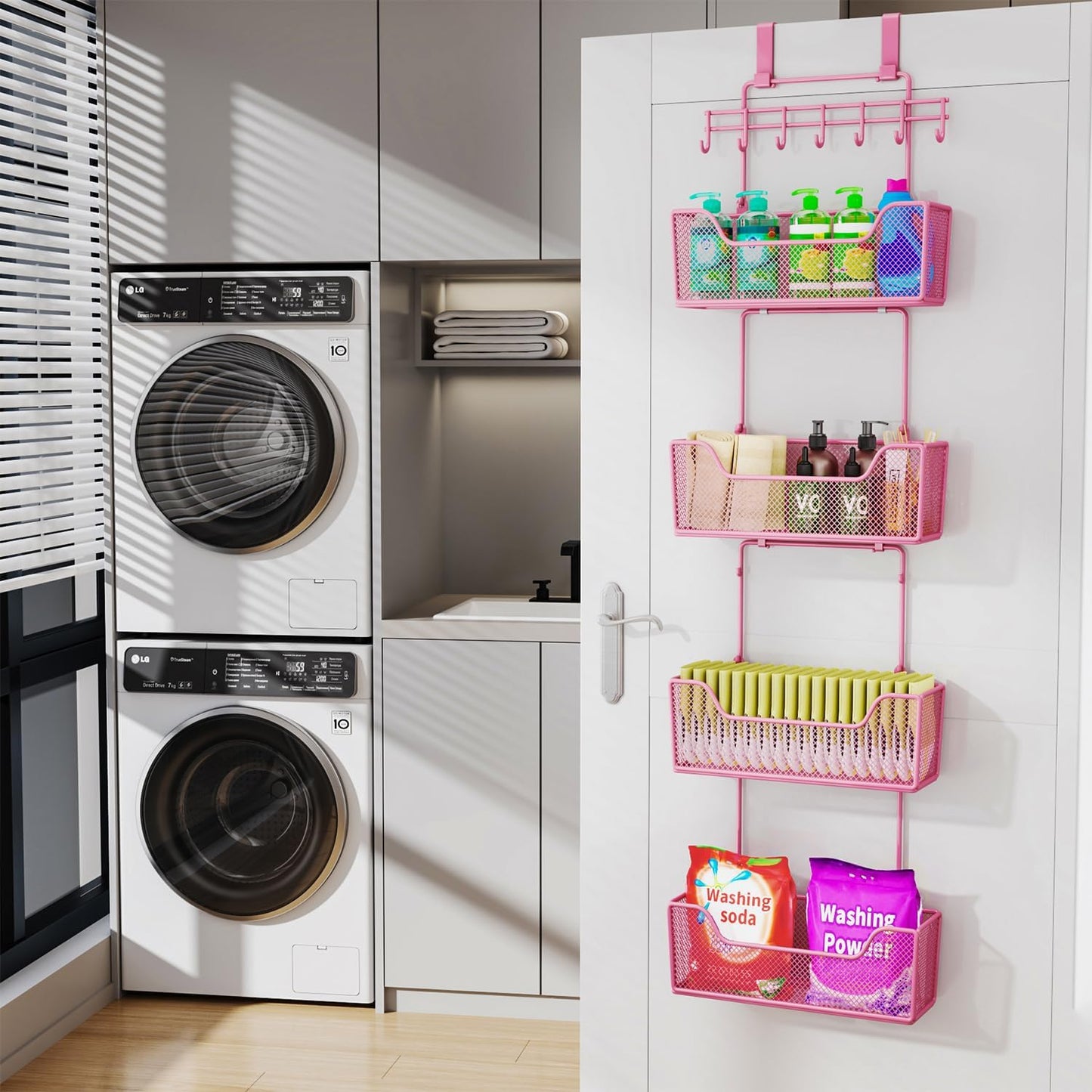 HapiRm Over The Door Organizer - Hanging Door Organizer with 4 Metal Large Capacity Baskets and Adjustable Coat Hook for Bathroom Bedroom Kitchen Pantry Closet Cabinet