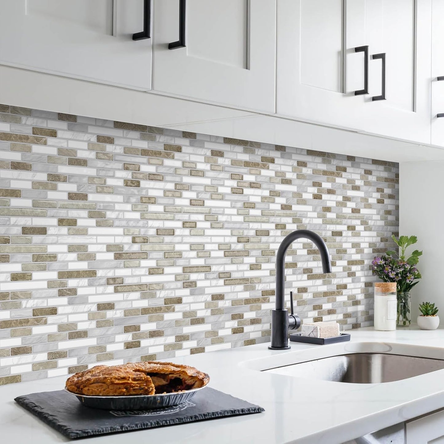 URCOLOR 10-Sheet Peel and Stick Backsplash Tile for Kitchen - 12”×12” Stick on Wall Tile for Bathroom, Black White Grey
