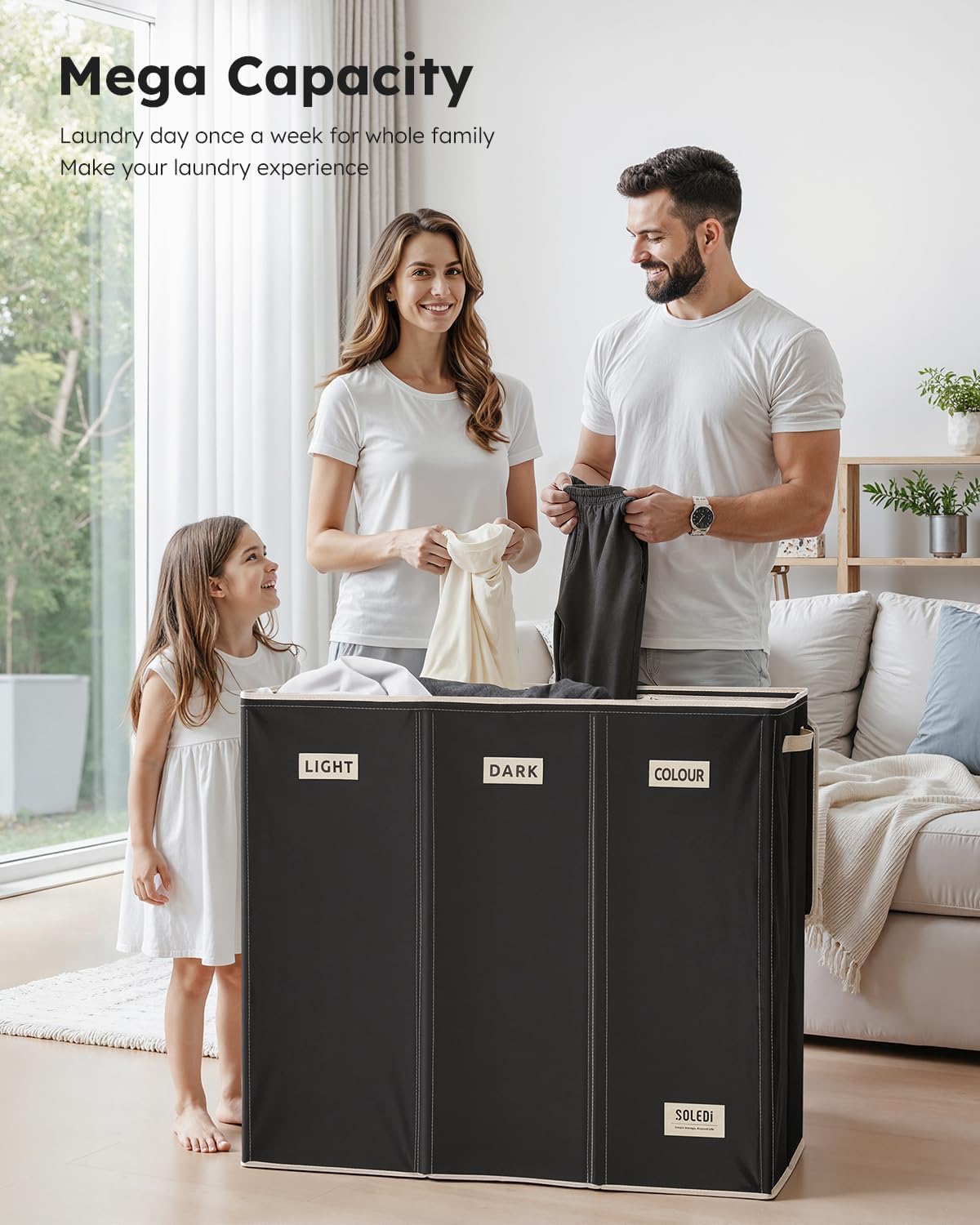 SOLEDI 180L Laundry Hamper 3 Section, Extra Large Laundry Hamper with Lid, Dirty Clothes Hamper with Sturdy Handle, Large Laundry Basket Organizer for Laundry Room, Bedroom, Hampers for Laundry