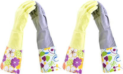 2 PAIRS Household Gloves Latex Free Cleaning Gloves with Soft Lining Long Cuff 15" & Grip, Medum, Pink/Blue
