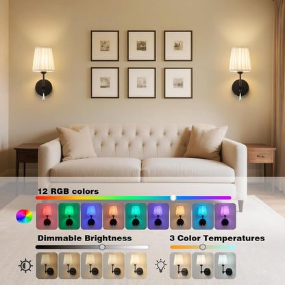 Battery Operated Wall Sconce Set of 2, 10000 Mah Rechargeable Wall Sconces Dimmable 12 RGBS,Remote Wireless Sconces,Gold Sconces Wall Decor Set of 2 Fabric,Cordless Wall Lamp for Bedroom,Living Room
