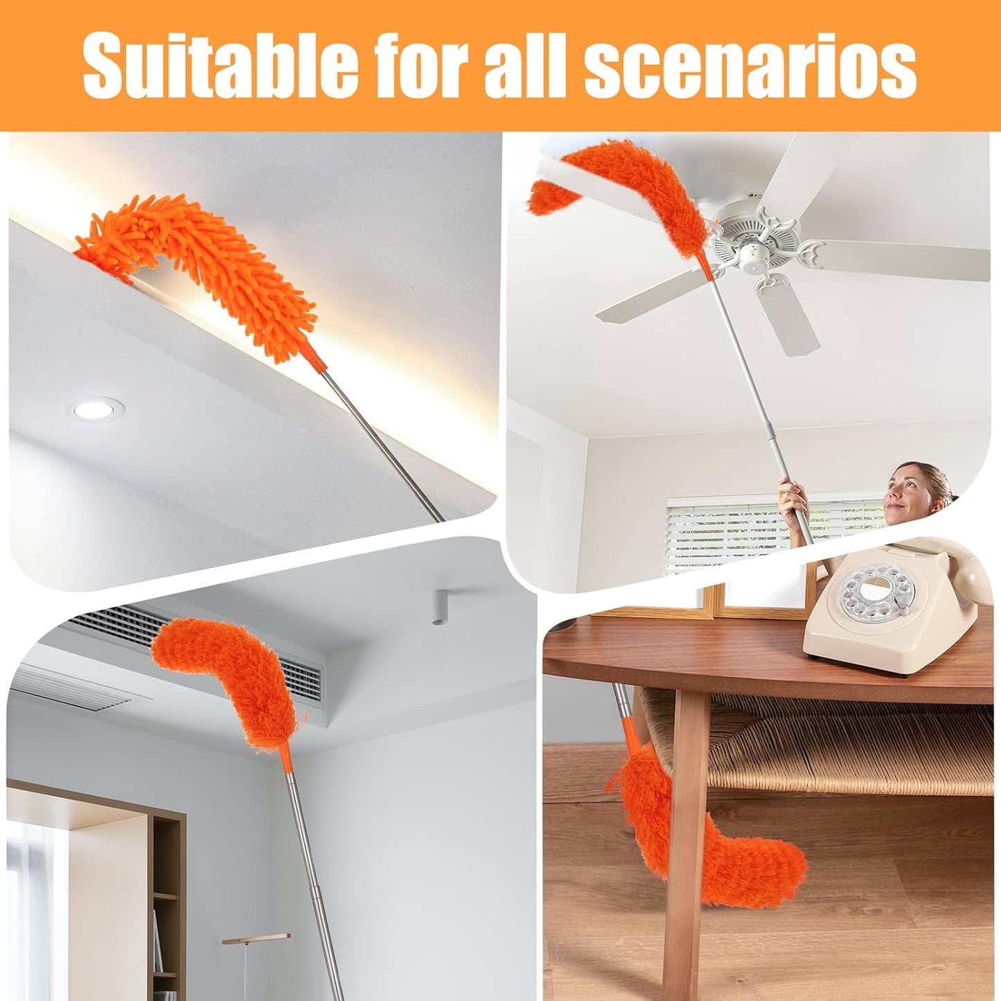 Cobweb Duster with Extension Pole, 4-in-1 Washable Cleaning Duster Kit, 15-100 Inch Long Telescoping Pole, Bendable Design for High Ceiling Fans Furniture, Microfiber Webster Remover Tools