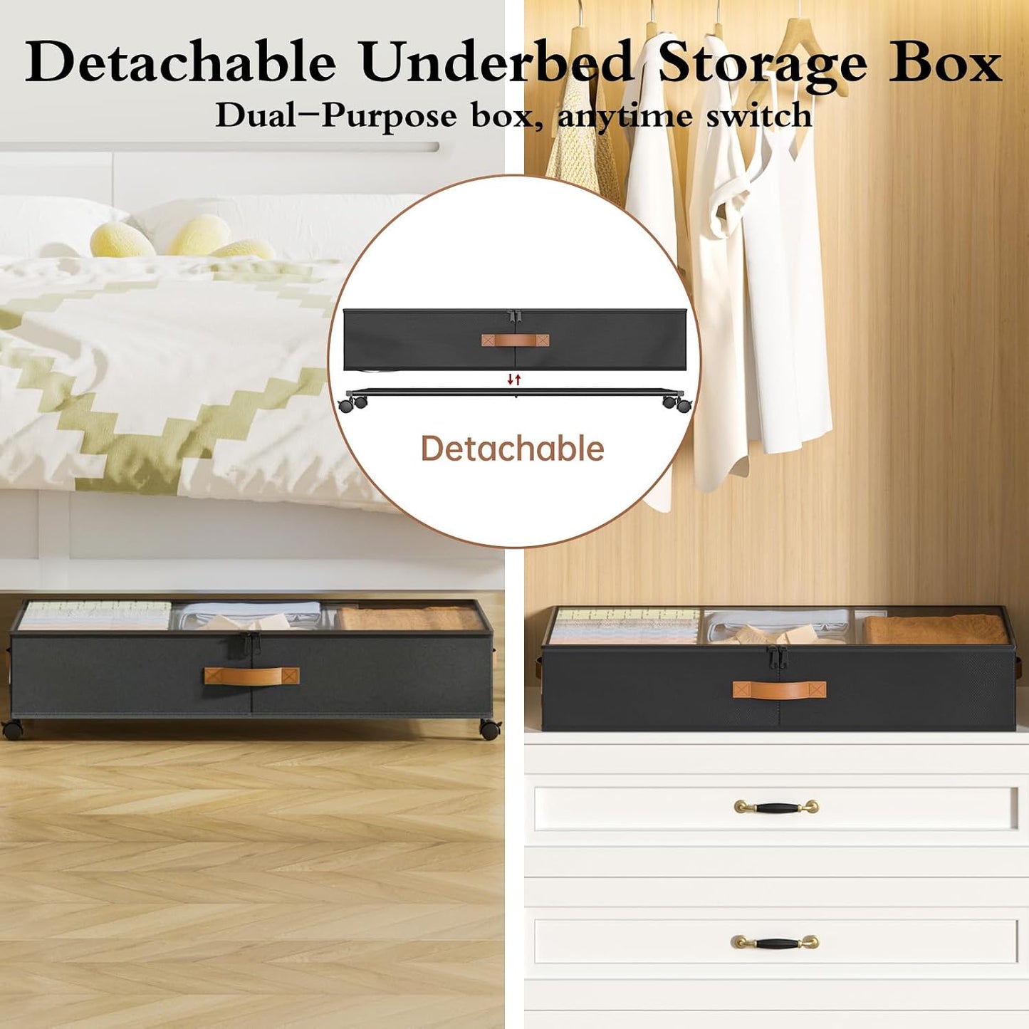 Yecaye Under Bed Storage with Wheels, 2 Pack Under Bed Storage Containers with Adjustable Dividers & Clear Lid, Rolling Underbed Organizer Bins Drawer for Clothes, Shoes, Blankets(30.3 x 16 x 6.7in)