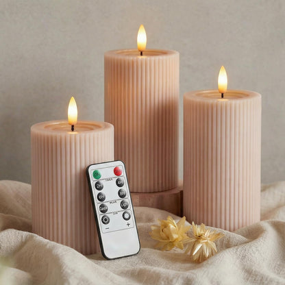 Fluted Ribbed LED Pillar Candles, Cream Beige, with Realistic Reflective Melted-Wax Effect – Flickering Flame, Remote, Dimmable, Flameless, Battery Operated, Home & Wedding Decor (Set of 3)