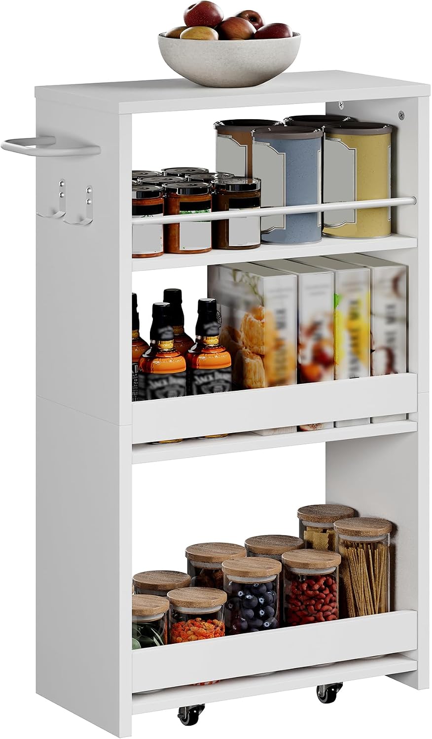ChooChoo 4-Tier Slim Storage Cart, 7.87 inches Wide Narrow Storage Cabinet with 360° Wheels and 2 Hooks, Space-Saving Organizer for Kitchen, Narrow Places, Dining Room, Walnut+White
