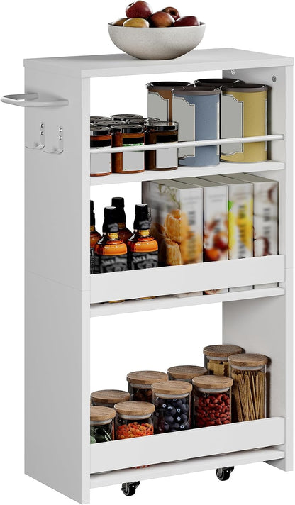 ChooChoo 4-Tier Slim Storage Cart, 7.87 inches Wide Narrow Storage Cabinet with 360° Wheels and 2 Hooks, Space-Saving Organizer for Kitchen, Narrow Places, Dining Room, Walnut+White