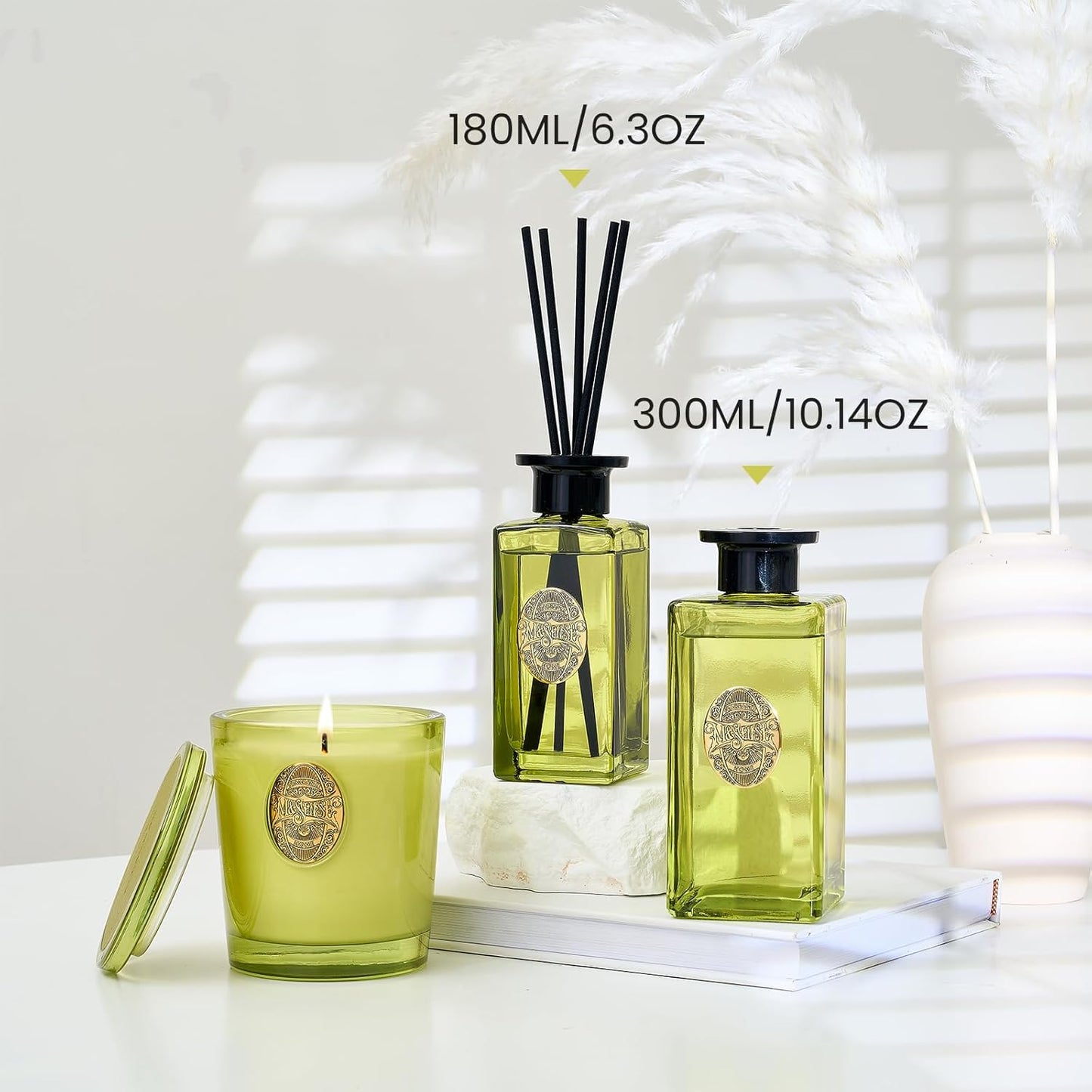 M&SENSE 6.3 oz Large Reed Diffuser Set | Lime+Basil Scent Oil Diffuser with Sticks | Hotel Collection Non-Toxic Home Fragrance |for Bedroom Bathroom Living Room - Colors A