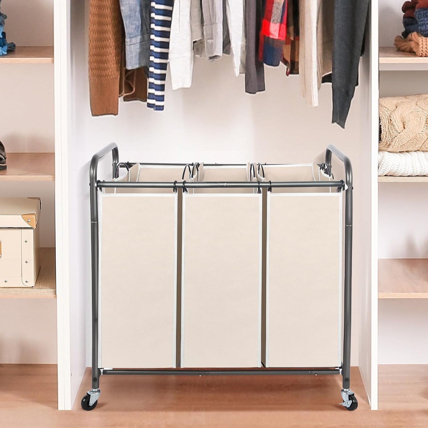 STO STO Laundry Sorter 3 Section, 3 Bag Clothes Hamper, Rolling Laundry Cart Basket with Heavy Duty Lockable Wheels and Removable Bag for Laundry Room, Bedroom, Closet, Gray