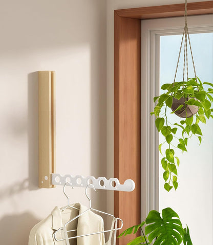 Natural Wood Folding Clothes Hanger Rack for Laundry Room, Wall Mounted Clothes Drying Rack, Laundry Drying Rack Foldable, Perfect for Small Spaces, Walnut Wood Black