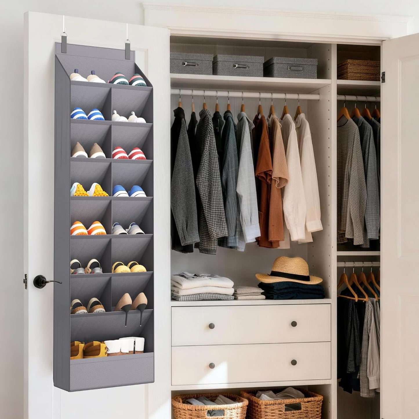 Lifewit 6 Tier Over the Door Shoe Organizer with 11 Large Deep Pockets, Fabric Hanging Shoes Shelf for Closet, Dorm Storage, Fit Up to 12 Pair Shoe Rack Holder for Sneakers, Boots, Gray