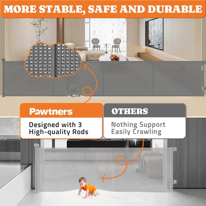 Pawtners Retractable Baby Gates Extra Wide, 41" Tall Extends up to 71" Wide, Dog Gate Indoor for Stairs, Pet Gate with Support Rods for Doorways Hallways Indoor & Outdoor-Black