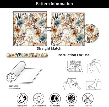 MuralPeel White/Pink/Gold Floral Garden Black Blue Flowers Vintage Peel and Stick Wallpaper Self Adhesive Removable Easy Peel Off Contact Paper Stick on Wall Paper for Bedroom Cabinet Renter Friendly