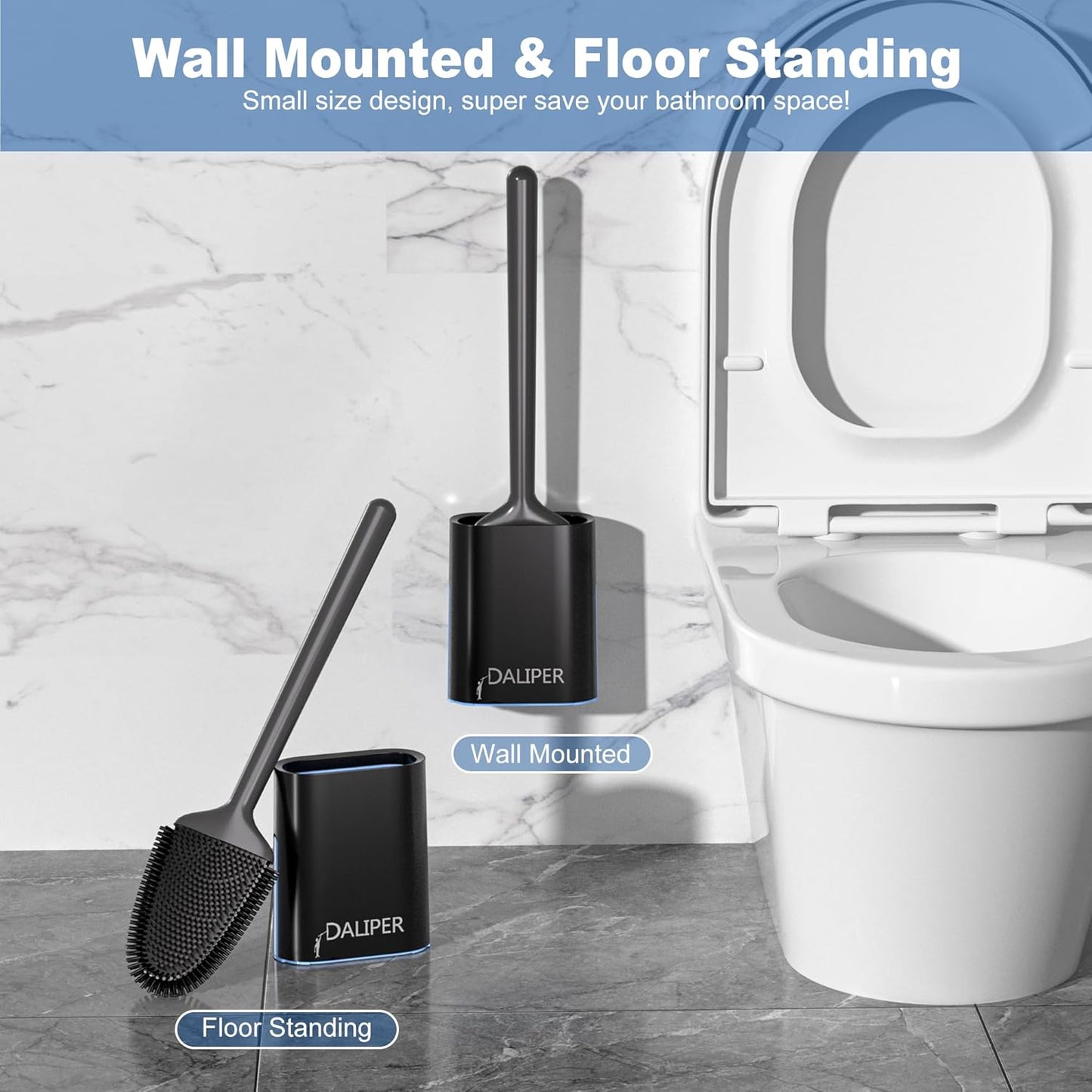 Toilet Brush and Holder Set, Black Silicone Toilet Bowl Brush with Flexible Head, Ventilated Base, Wall Mount, Compact Bathroom Scrubber for RV and Home