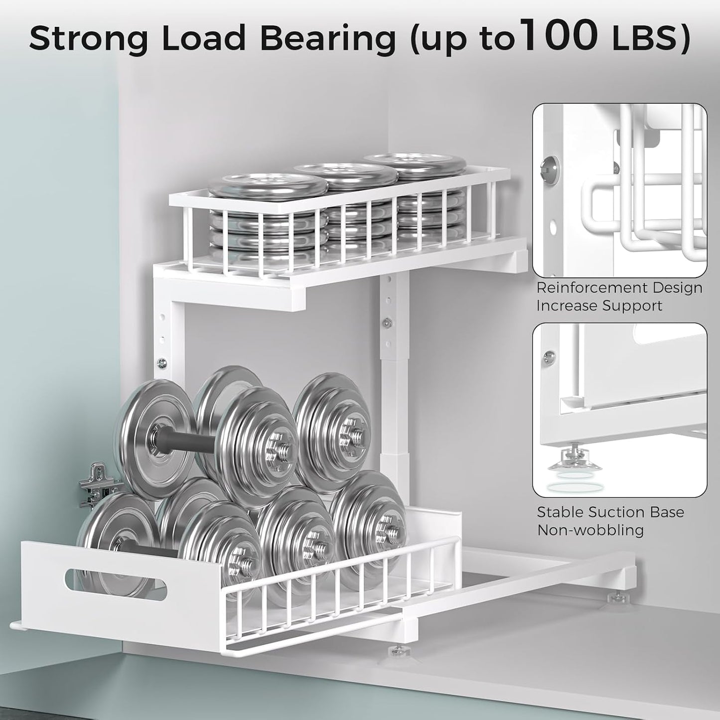 Saydear L-Shaped Under Sink Organizer, 2-Tier Pull-out Cabinet Rack 1-Pack | Black Height-Adjustable Metal Rack, Sliding Grid Drawers with Safety Stopper, Holds 100 Lbs, Ideal Kitchen Cabinet Storage