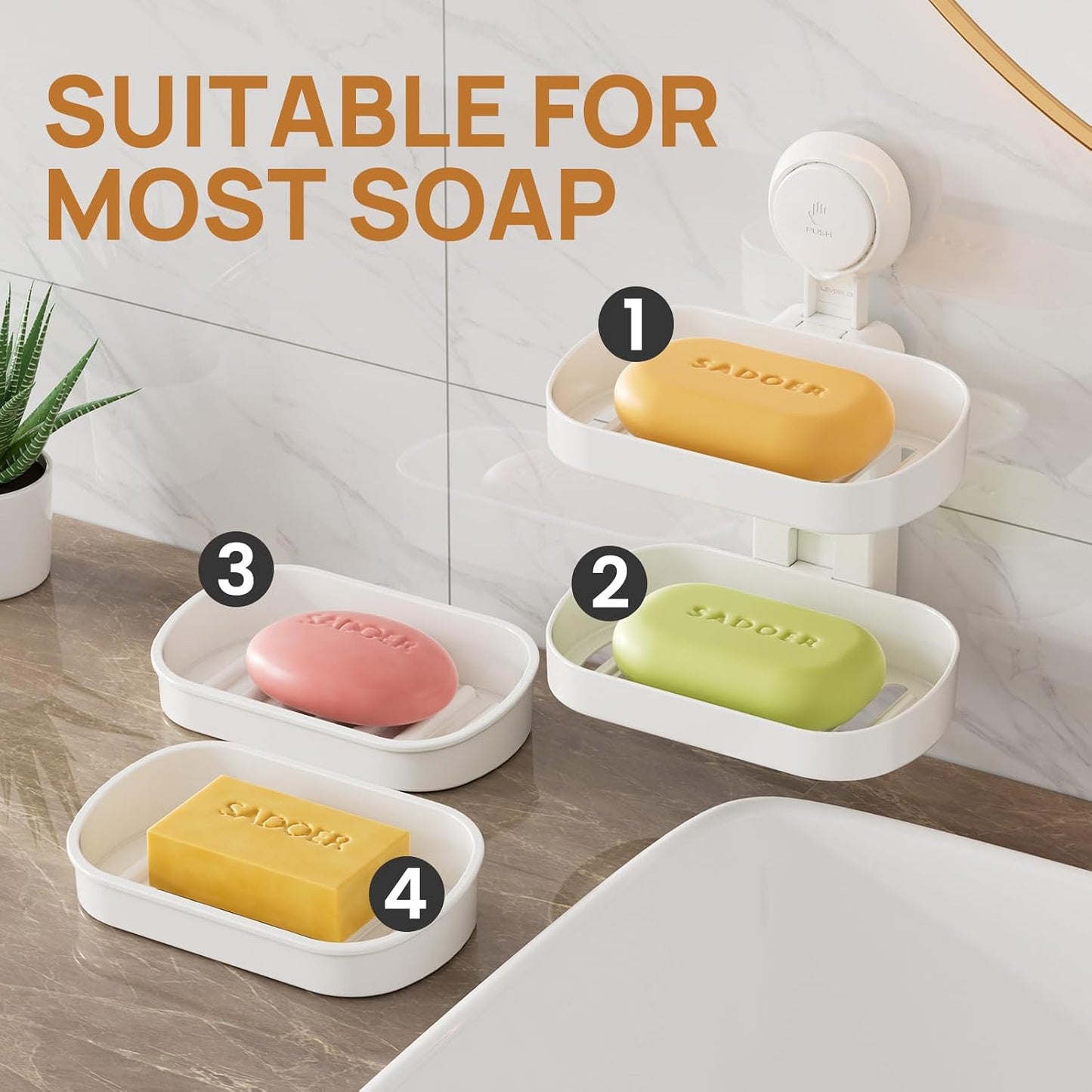 LEVERLOC Soap Dish Holder for Shower Suction Cup Wall Mounted Self Draining NO-Drilling Removable Bar Soap Sponge Holder for Bathroom Bathtub Kitchen Sink Waterproof Strong Vacuum Suction Adhesion