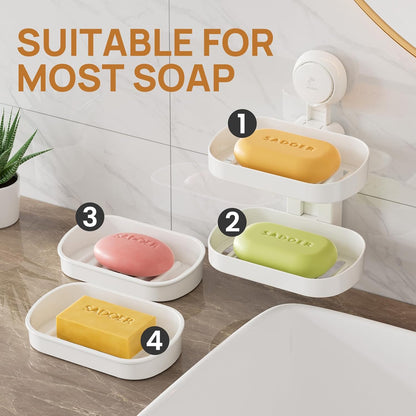 LEVERLOC Soap Dish Holder for Shower Suction Cup Wall Mounted Self Draining NO-Drilling Removable Bar Soap Sponge Holder for Bathroom Bathtub Kitchen Sink Waterproof Strong Vacuum Suction Adhesion
