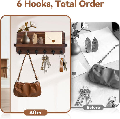 Key Holder for Wall, Mail Organizer Wall Mount with 6 Hooks Wooden Hanging Key Rack for Home Decor, Hallway, Entryway (Brown)