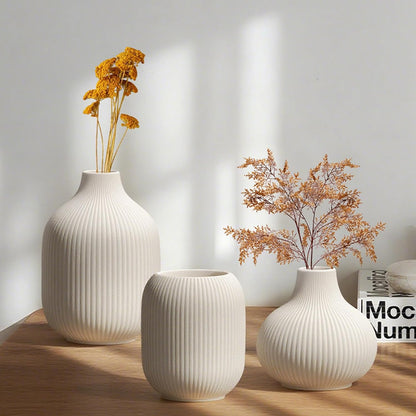 White Ceramic Flower Vases Set of 3, Modern Matte Vertical Ribbed, Nordic Minimalist Decor for Pampas, Dried & Fresh Flowers, Centerpiece for Living Room, Shelf, Entryway, Wedding,Office