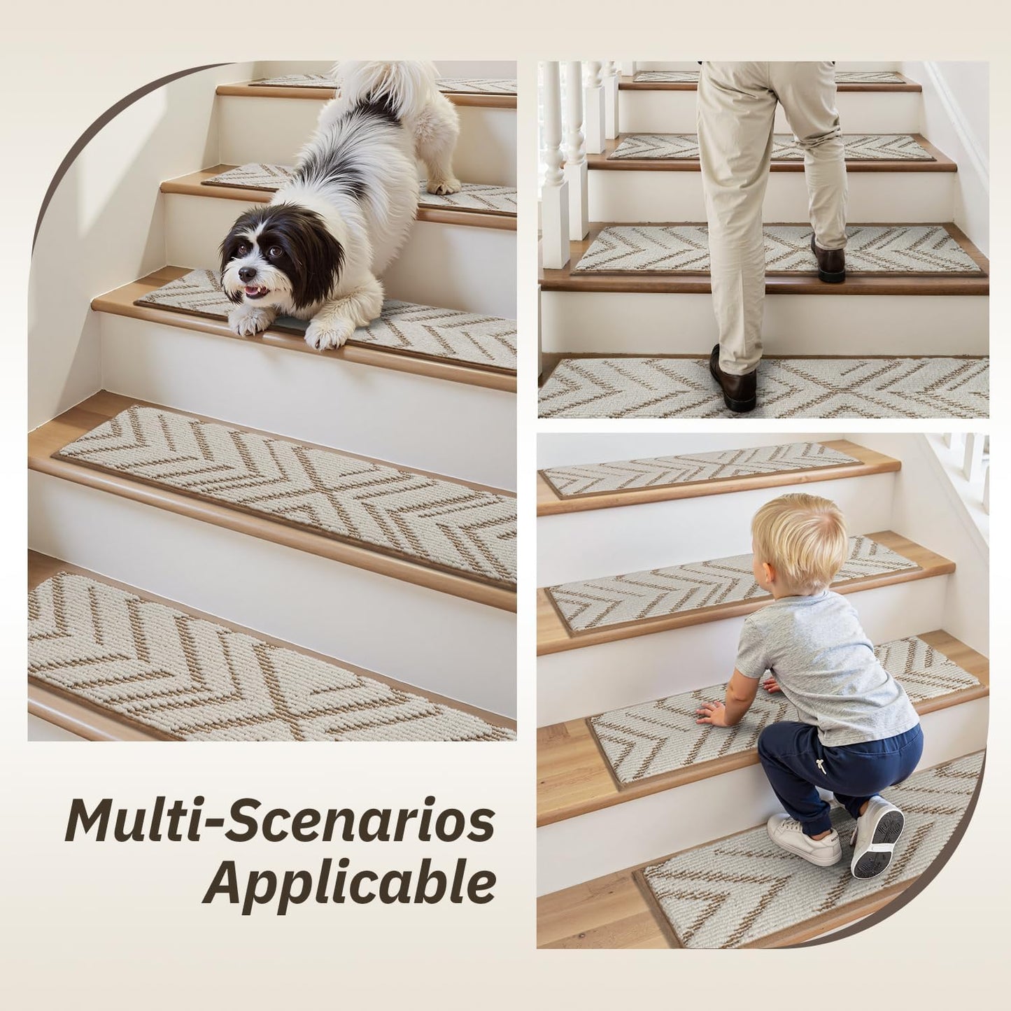 PADOOR Stair Treads Non Slip 15 PCS, 3D Peel and Stick Stair Treads for Wooden Steps Indoor, Residue-Free Adhesive Stair Runner for Kids, Elders & Pets, Washable Carpet for Stairs,8"x30",Brown