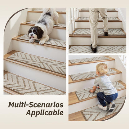 PADOOR Stair Treads Non Slip 15 PCS, 3D Peel and Stick Stair Treads for Wooden Steps Indoor, Residue-Free Adhesive Stair Runner for Kids, Elders & Pets, Washable Carpet for Stairs,8"x30",Brown