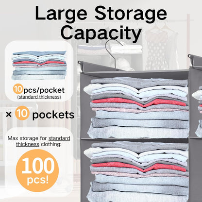 ALLTIDYUP Grey 5-Tier Hanging Closet Storage Organizer - Space-Saving Dual-Row Foldable Shelves with 3 Hooks, Wardrobe Organizer for Dorm, Bedroom, Clothes and Accessories