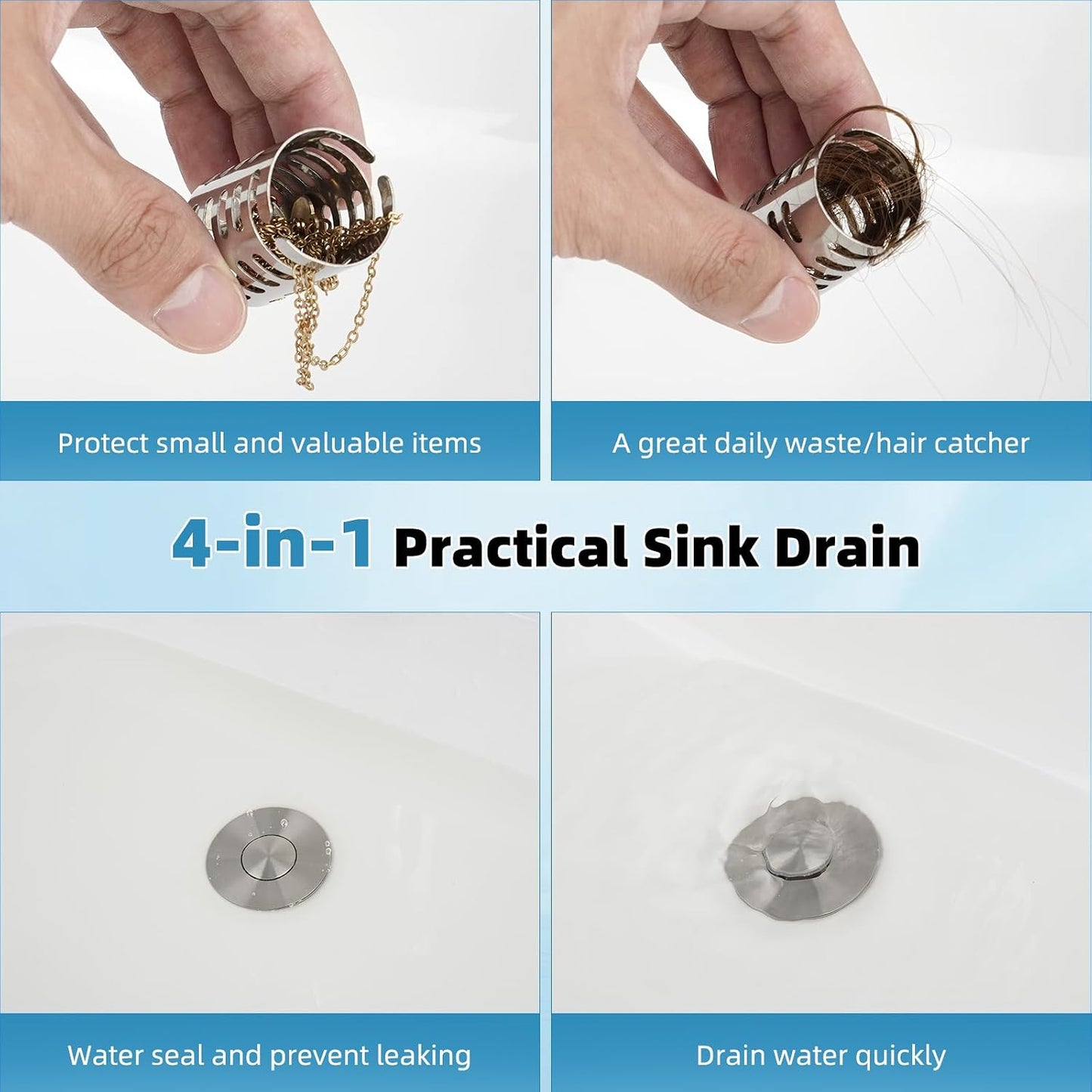 Universal Metal Bathroom Sink Drain Strainer Hair Catcher Upgraded 3 in 1 Pop-up Sink Stopper, with Detachable Stainless Steel Filter Basket, Fit for Standard 1.1''~2.36'' Basin Hole, Brushed Nickle