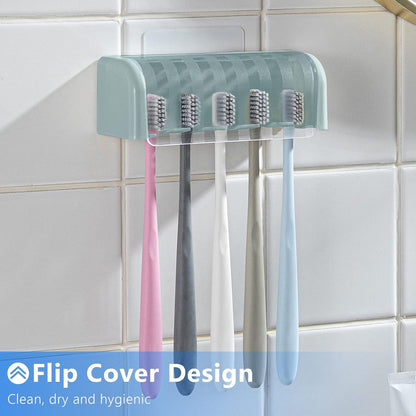 5 Slots Toothbrush Holder Wall Mount with Cover, Self Adhesive Toothbrushes Storage Organizer Perfect for Dorm Bathrooms and Shower, Holds 5 Toothbrushes. (White)